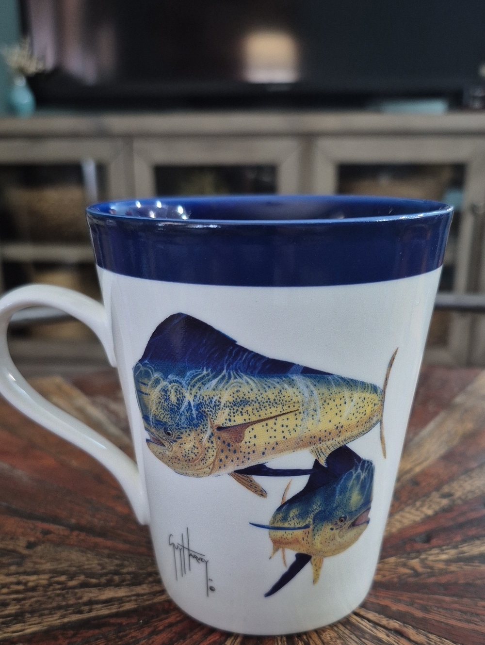 Guy Harvey 2008 Blue Mahi Mahi Ceramic Coffee Mug - Nautical Fish Design